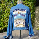 New Handmade Inspired Denim Jacket Silk Scarf Horse Design Equestrian