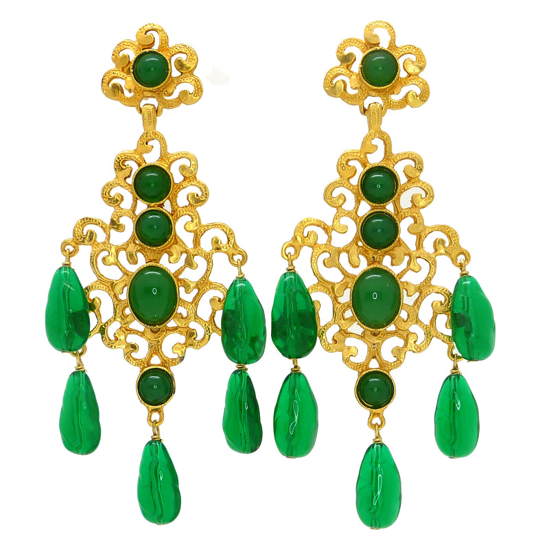enneth Jay Lane KJL Emerald  Cabochon Chandalier Dangle Earrings