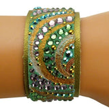 Caroline Rocha Handmade Swarovski Crystal Leather Green Gold Cuff Bracelet - ILoveThatGift