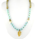 Pale Blue Gray Gold toned Bead Necklace by RUSH Denis Charles Leaf