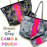 Neoprene Camo Tote Bag Purse Pink Orange Stripe in Gray or Green for Beach, Gym, Travel