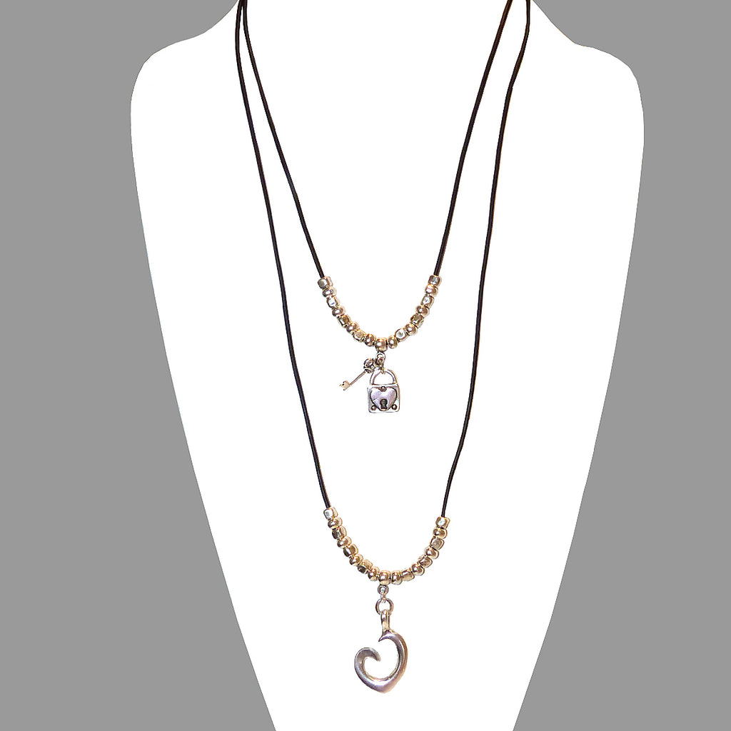 Lilly's Allure Black Leather Silver Double Heart Necklace N23 Wear w Uno de 50 - ILoveThatGift