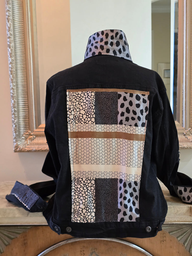 New Handmade Black Distresed  Denim Jacket Designer Satin Geometric Scarf for Woman