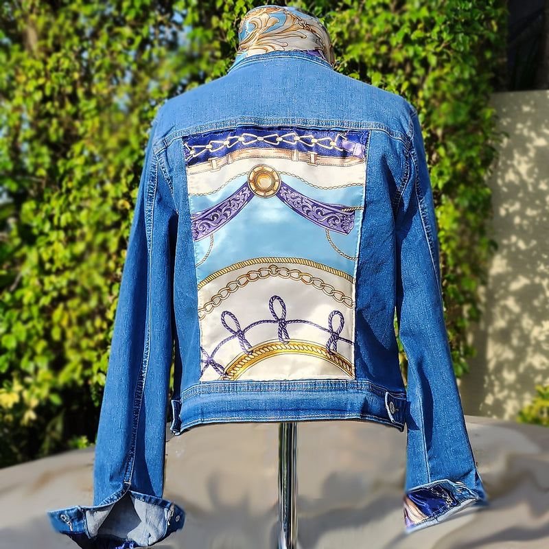 New Handmade Inspired Denim Jacket Silk Scarf Horse Design Equestrian