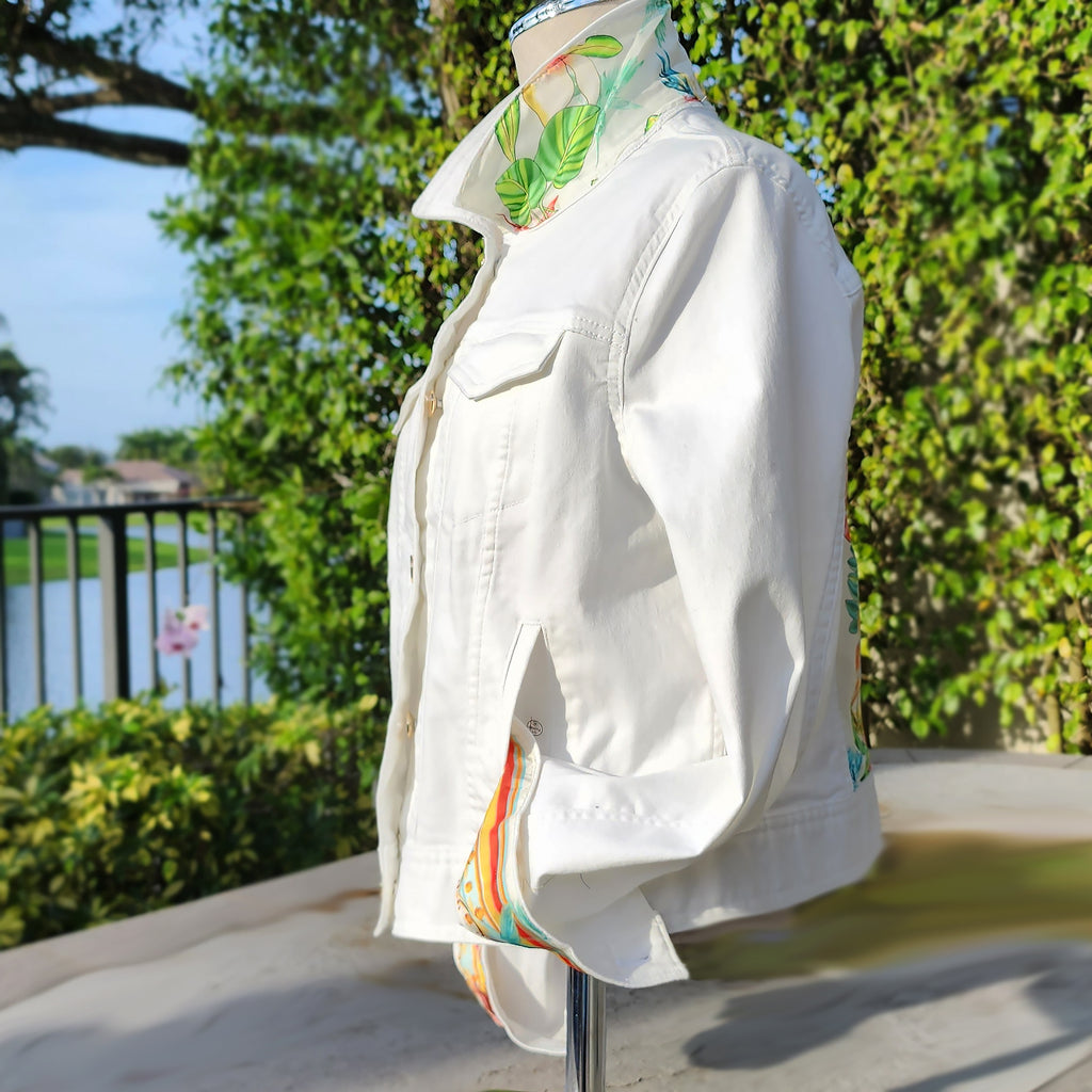 New Handmade White Denim Jacket Silk Scarf Johnny Was Design Jones NY
