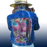 New Handmade Denim Jacket Silk Floral Scarf Johnny Was Design for Woman