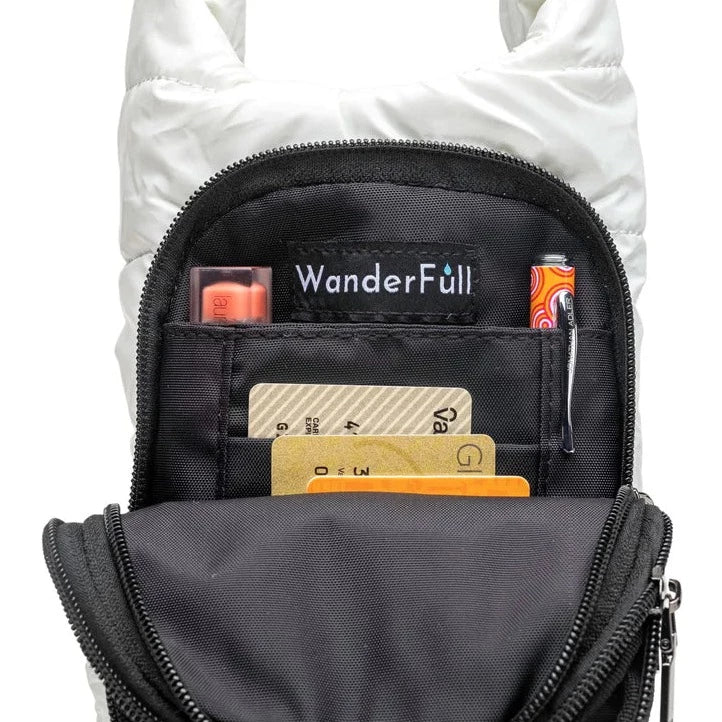 Copy of Wanderfull Water Bottle Bag White Glossy & Striped Strap Carrier Puffer Tote Quilted Handbag Sling Crossbody