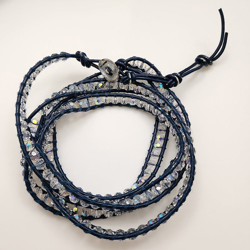 NEW Chan Luu Wrap Bracelet Clear Crystal Blue Leather 5 Wrap 000
