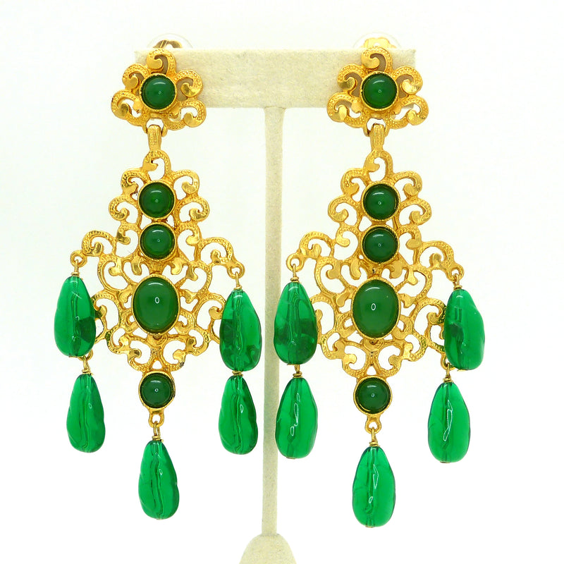 enneth Jay Lane KJL Emerald  Cabochon Chandalier Dangle Earrings 