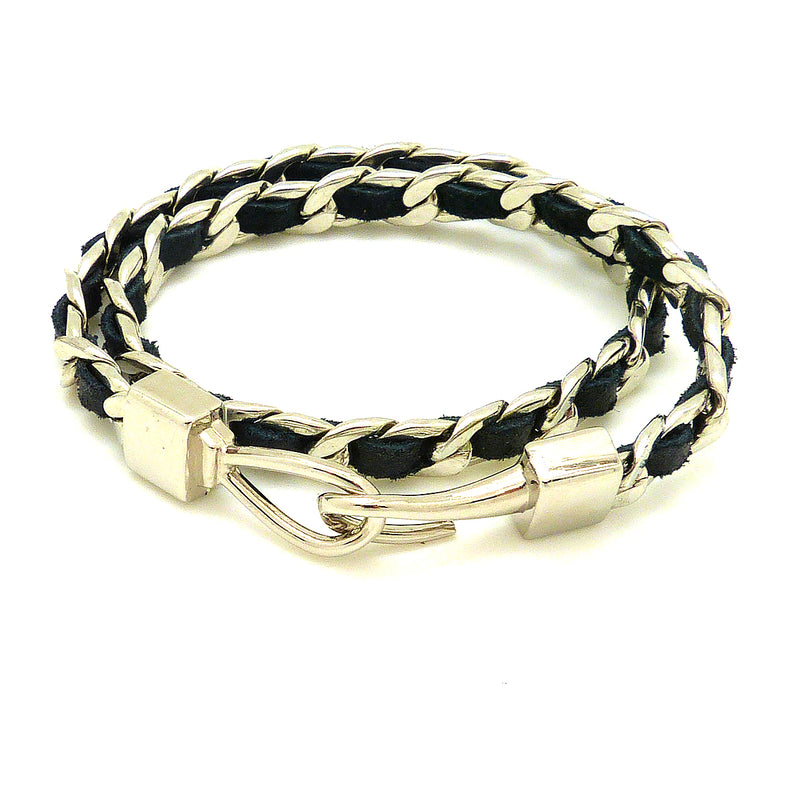 New Classic Silver Chain Link and Black Leather Double Wrap Hook Bracelet - ILoveThatGift