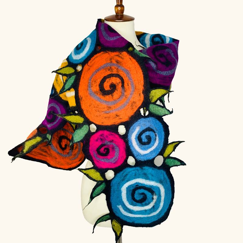 Handmade Felted Merino Wool Chiffon Scarf Wrap Pomegranate Moon Cutwork 74" x 13" - ILoveThatGift