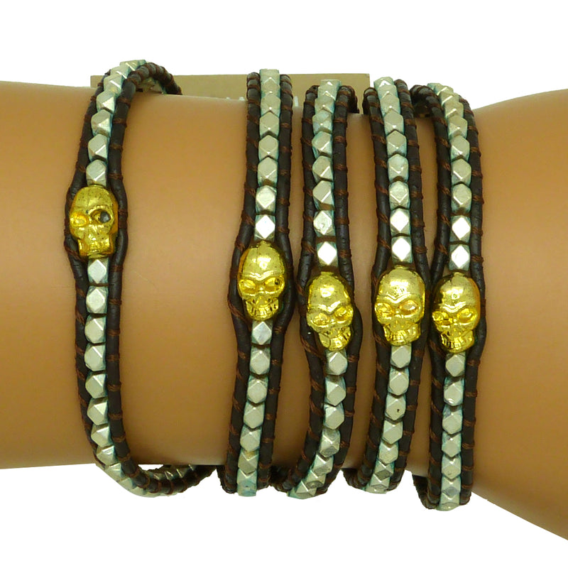 Chan Luu Wrap Bracelet Gold Skull Silver Bead Dark Brown Leather 5 Wrap 206