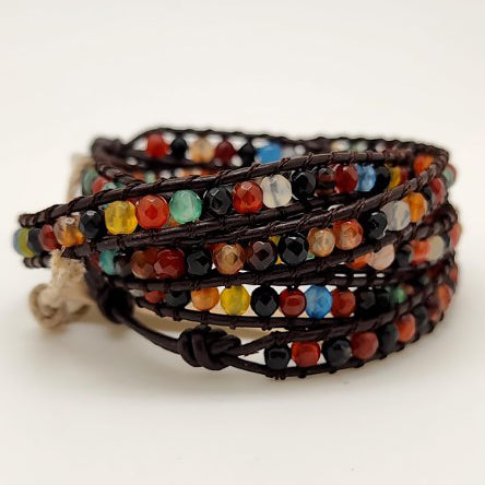 NEW Chan Luu Wrap Bracelet Brown Leather Multicolor Stones 5 Wrap