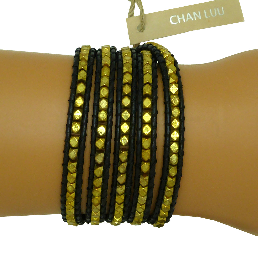 Chan Luu Wrap Bracelet Gold Bead and Dark Brown Leather 5 Wrap 210