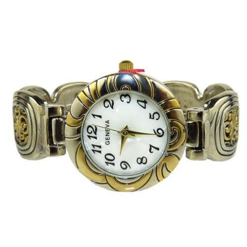 Brighton Bay Geneva Silver Gold 15150 Watch Bracelet Cable Swirled Cuff - ILoveThatGift