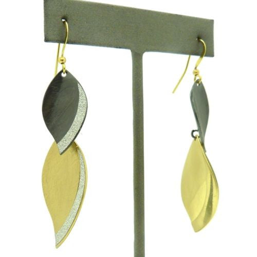 Gold tone Silver Sparkle Double Leaf Dangle Earrings RUSH Denis Charles - ILoveThatGift