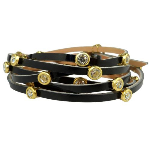 RUSH Denis & Charles Black Patent Leather Wrap Bracelet Gold CZ - ILoveThatGift