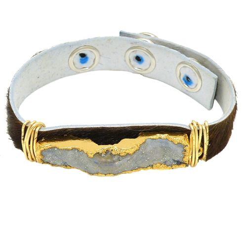 Gigi & Sugar Brown Hide Leather Gray Druzy Gold Wire Snap Bracelet Handmade - ILoveThatGift