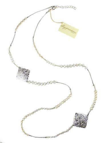 White Long Silver Medallion Pearls Crystals Necklace Elly Preston - ILoveThatGift