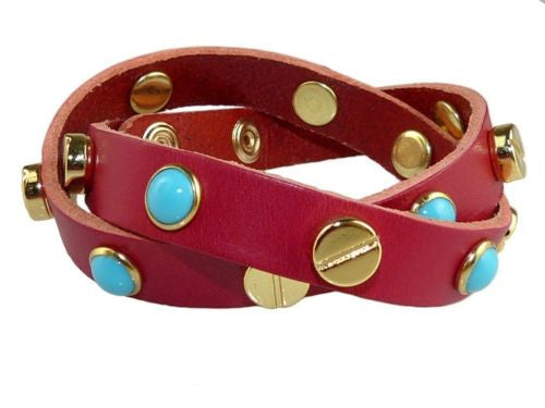 Leather Turquoise Nail Gold Screw Stud 2 x Wrap Bracelet RUSH Magenta Pink Denis - ILoveThatGift