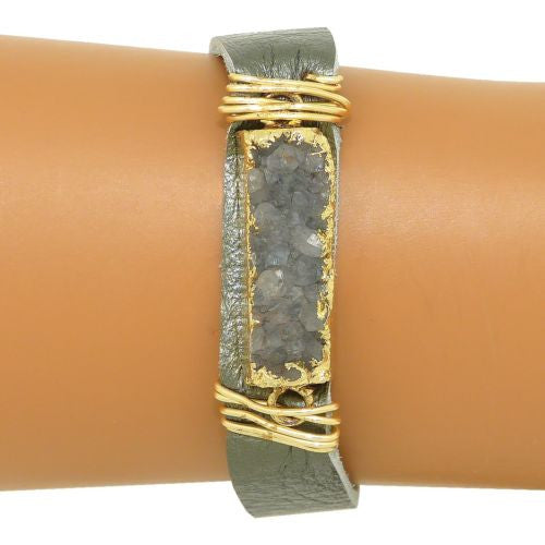 Gigi & Sugar Dark Silver Leather Gray Druzy Gold Wire Snap Bracelet Handmade - ILoveThatGift