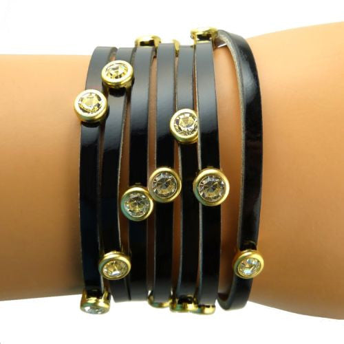 RUSH Denis & Charles Black Patent Leather Wrap Bracelet Gold CZ - ILoveThatGift