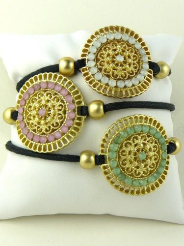 Pink Green or Blue Crystals & Matte Gold Filigree Disc Wrap Bracelet by Teramasu - ILoveThatGift