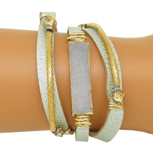 Gigi & Sugar 3 Row Silver Leather Gray Druzy Gold Wire Snap Bracelet Handmade - ILoveThatGift