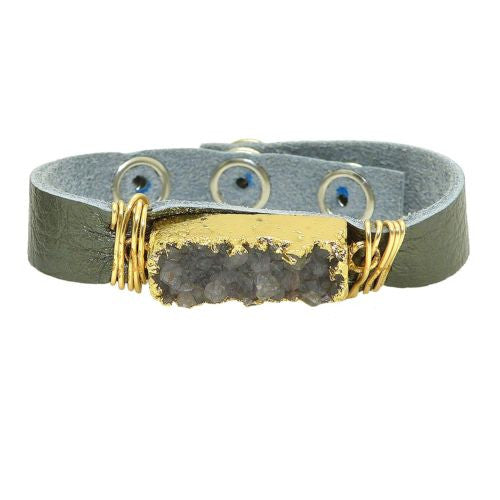 Gigi & Sugar Dark Silver Leather Gray Druzy Gold Wire Snap Bracelet Handmade - ILoveThatGift
