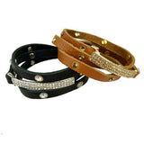 Wrap Crystal Stud Leather Rhinestone Pave Bar Bracelet Black or Brown by Funky J - ILoveThatGift