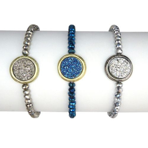 Druzy Charm and China Glass Stretch Bracelet Blue SIlver or Hematite by Funky Ju - ILoveThatGift