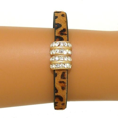 Natural Leopard Haircalf Leather & Crystal Bracelet Gold Magnetic Clasp by Acces - ILoveThatGift