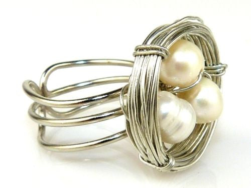 Hope Silver Wire Birds Nest White Pearl Ring Elly Preston - ILoveThatGift