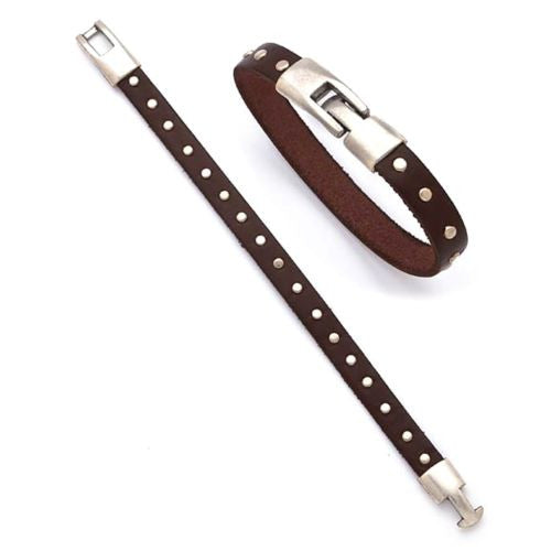 Brown Leather Bracelet with Brushed Stainless Rivets Trades of the East - ILoveThatGift