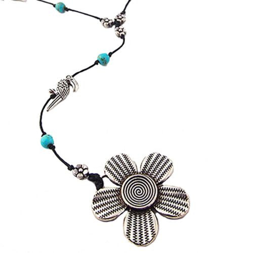 Flower Pendant Toucan Turquoise Necklace by Marah Silver Alloy Black Cotton - ILoveThatGift