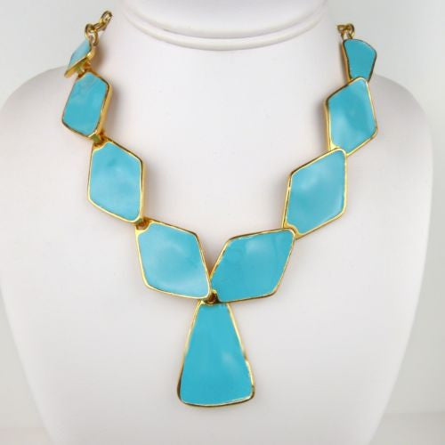 Kenneth Jay Lane Polished Gold Turquoise Diamond Shaped Enamel Bib Necklace KJL - ILoveThatGift