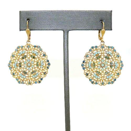 La Vie Parisienne Gold Filigree Lace Earrings Popesco Pacific Opal Teal 9702G - ILoveThatGift