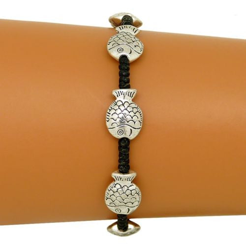 Large Fish Bracelet by Marah Silver Alloy Black Cotton - ILoveThatGift