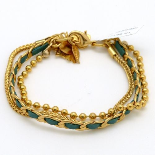 Three Chain 24K Gold Plated Turquoise Leather Charm Bracelet Hagar Satat Handmad - ILoveThatGift