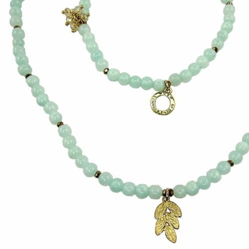 Pale Blue Gold toned Round Bead Necklace by RUSH Denis Charles Leaf Flower - ILoveThatGift