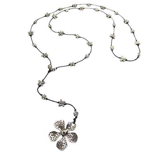 Flower Butterfly Pendant Necklace by Marah Silver Alloy Black Cotton - ILoveThatGift