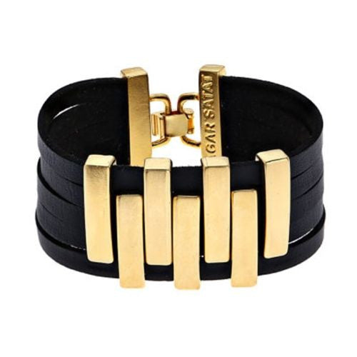 Black Leather 24K Gold Plated Zig Zag Bracelet Hagar Satat Handmade - ILoveThatGift