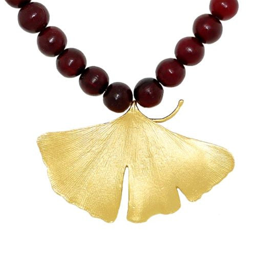 Ginkgo Bold Gold Leaf Red Horn Bead Adjustable Necklace by Michael Michaud - ILoveThatGift