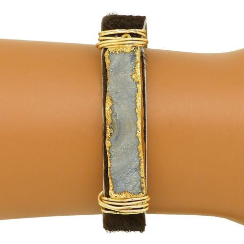 Gigi & Sugar Brown Hide Leather Gray Druzy Gold Wire Snap Bracelet Handmade - ILoveThatGift