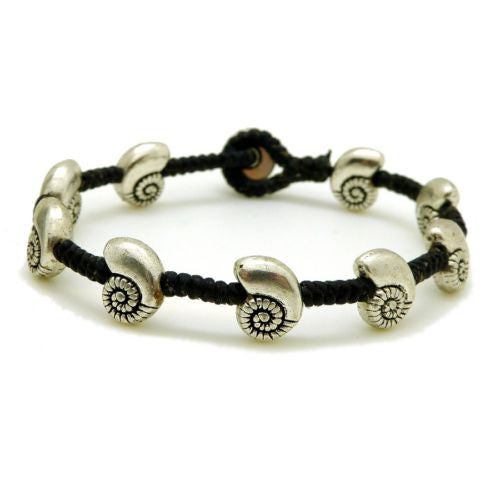 Nautillus Shell Bead Bracelet by Marah Silver Alloy Black Cotton - ILoveThatGift