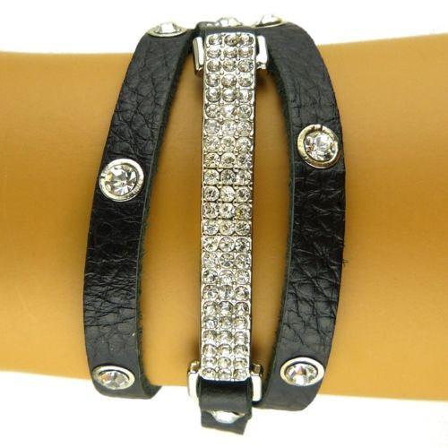 Wrap Crystal Stud Leather Rhinestone Pave Bar Bracelet Black or Brown by Funky J - ILoveThatGift