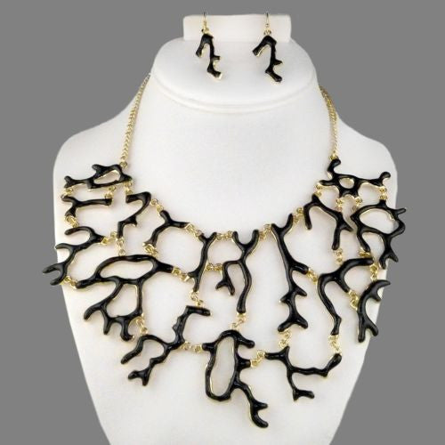 Black Enamel Coral Branch Bib Necklace & Earring Set - ILoveThatGift