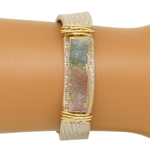 Gigi & Sugar Pink Silver Leather Gray Druzy Gold Wire Snap Bracelet Handmade - ILoveThatGift