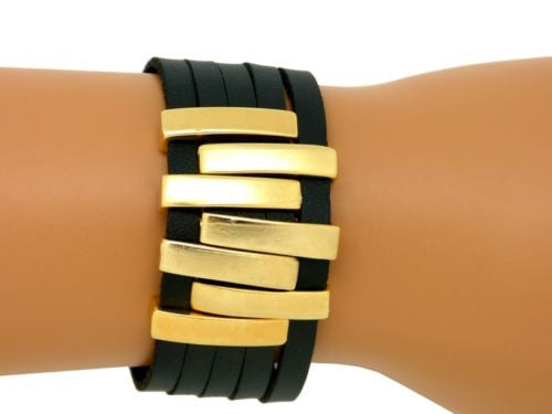 Black Leather 24K Gold Plated Zig Zag Bracelet Hagar Satat Handmade - ILoveThatGift
