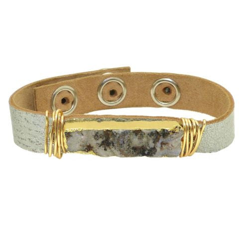 Gigi & Sugar Silver Leather White Gray Druzy Gold Wire Snap Bracelet Handmade - ILoveThatGift